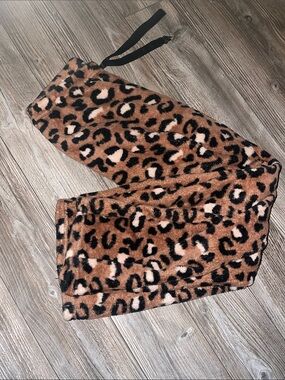 Leopard Print Plush Lounge Pants - Brown, Black, Cream